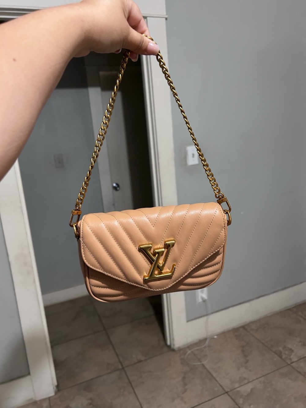 Tan Quilted Mini Shoulder Bag with Gold Chain